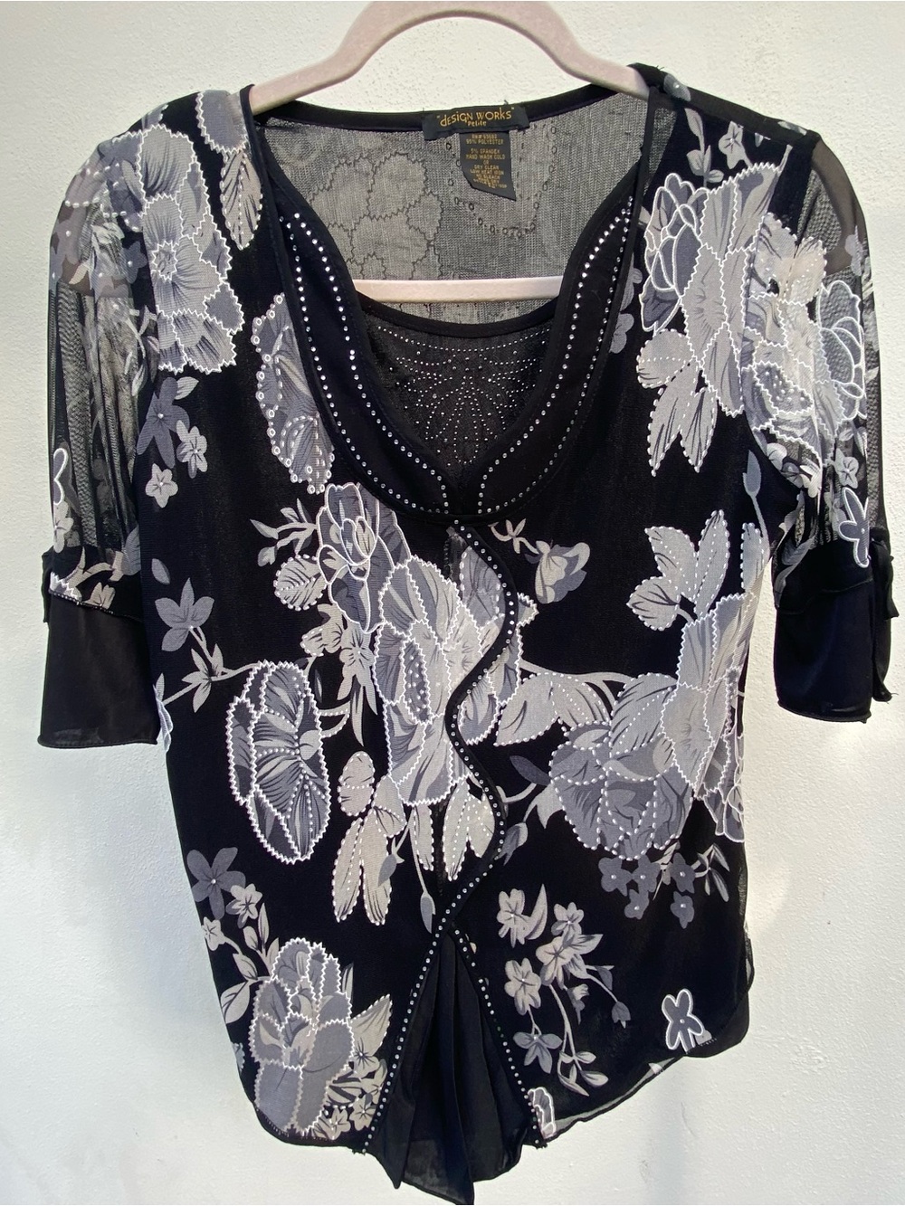 Y2K Whimsygoth Black & White Floral Rhinestone Mesh Top Size Petite Medium